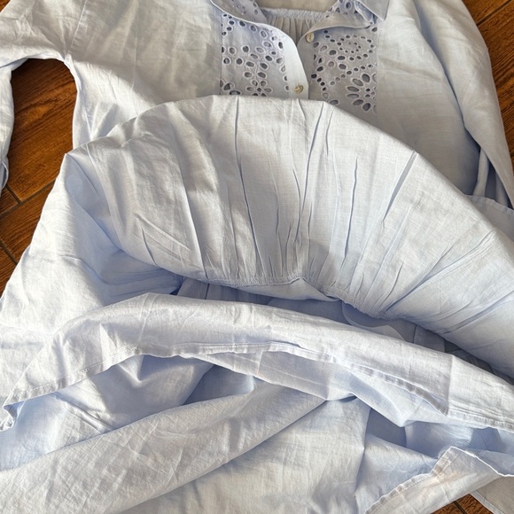 Zara Blue Eyelet Embroidered Mini Shirt Dress Long‎ Sleeve Womens Medium - Picture 3 of 6